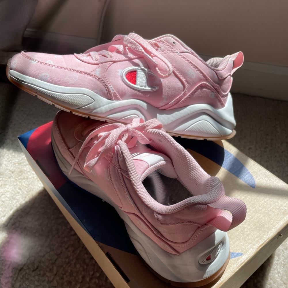 Light Pink Champion running shoes, worn once, fit sizes 6.5-8.5 women's.